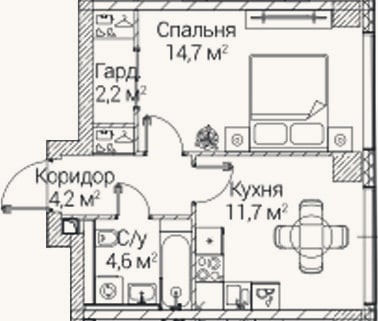 Планировка: 1-к, 37,5 м²