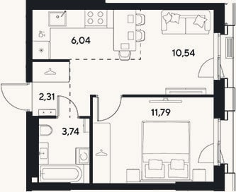 Планировка: 2-к, 34,4 м²
