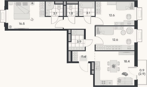 Планировка: 3-к, 83,4 м²