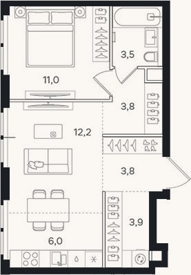 Планировка: 2-к, 44,2 м²