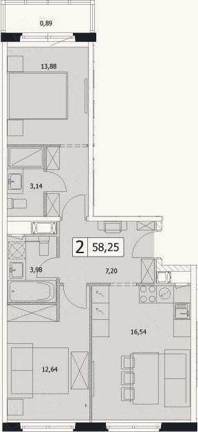 Планировка: 3-к, 57,4 м²
