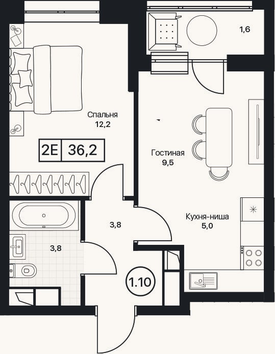 Планировка: 2-к, 34,6 м²