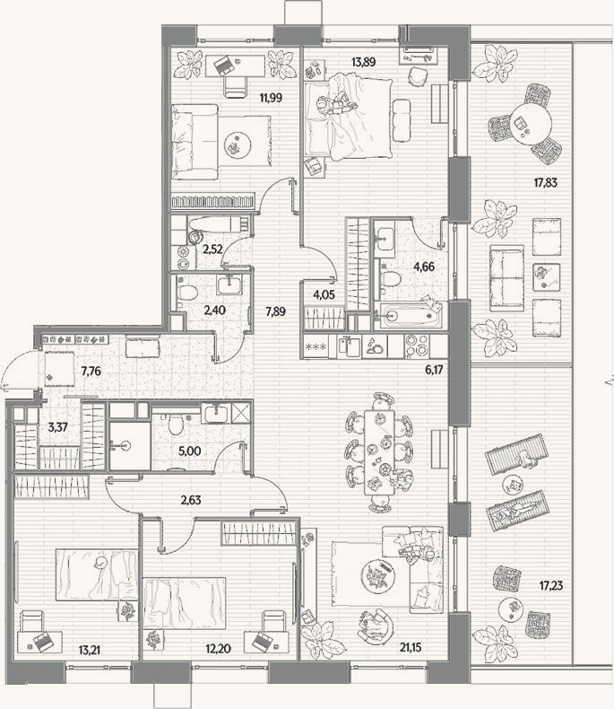 Планировка: 4+ к, 118,9 м²