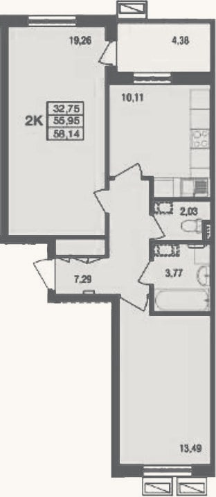 Планировка: 2-к, 56 м²