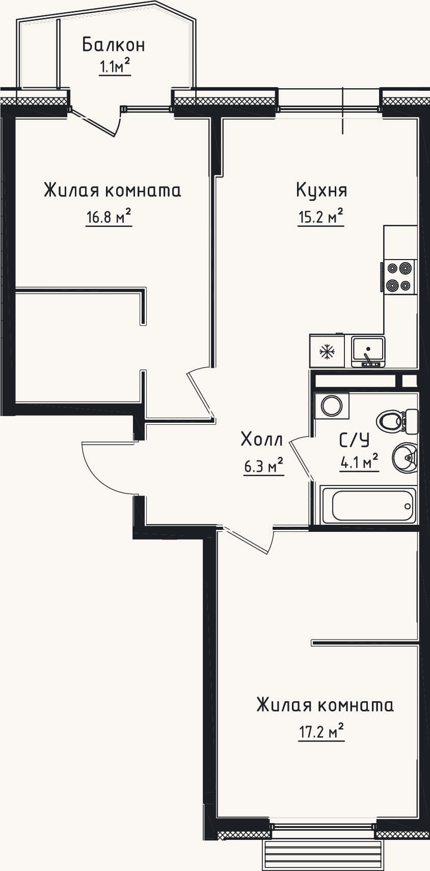 Планировка: 2-к, 59,6 м²