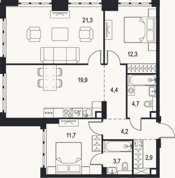 Планировка: 3-к, 85,1 м²