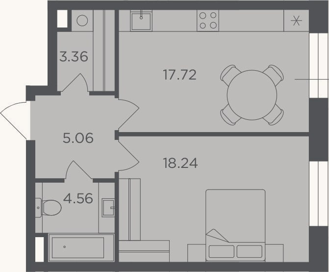 Планировка: 1-к, 48,9 м²