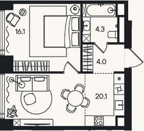 Планировка: 2-к, 44,5 м²