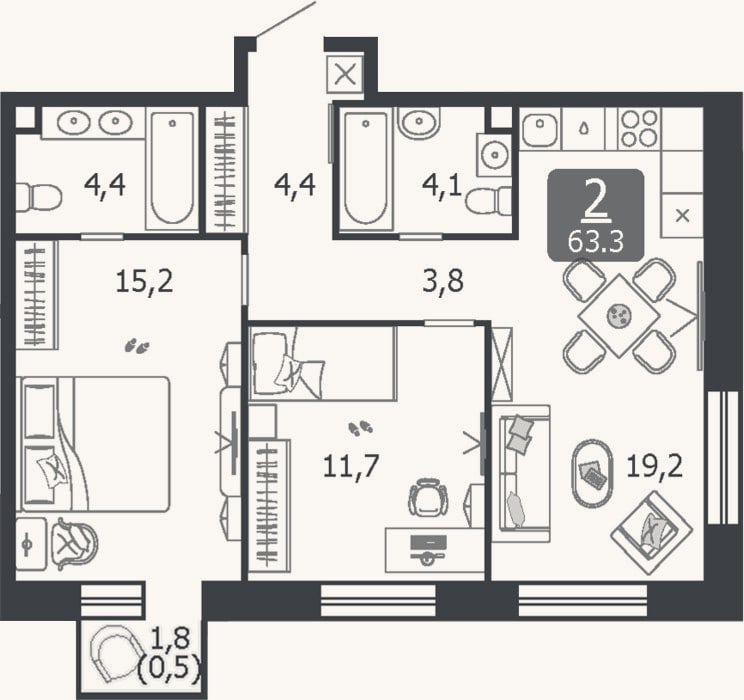 Планировка: 3-к, 62,8 м²