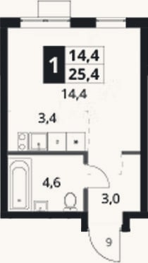 Планировка: Студия, 25,4 м²