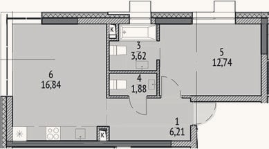 Планировка: 2-к, 43,4 м²