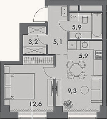 Планировка: 2-к, 42 м²