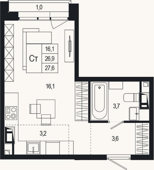 Планировка: Студия, 26,9 м²