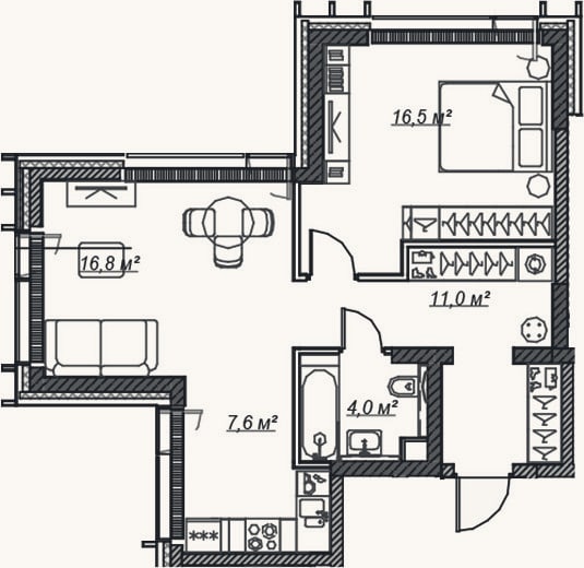Планировка: 2-к, 56 м²