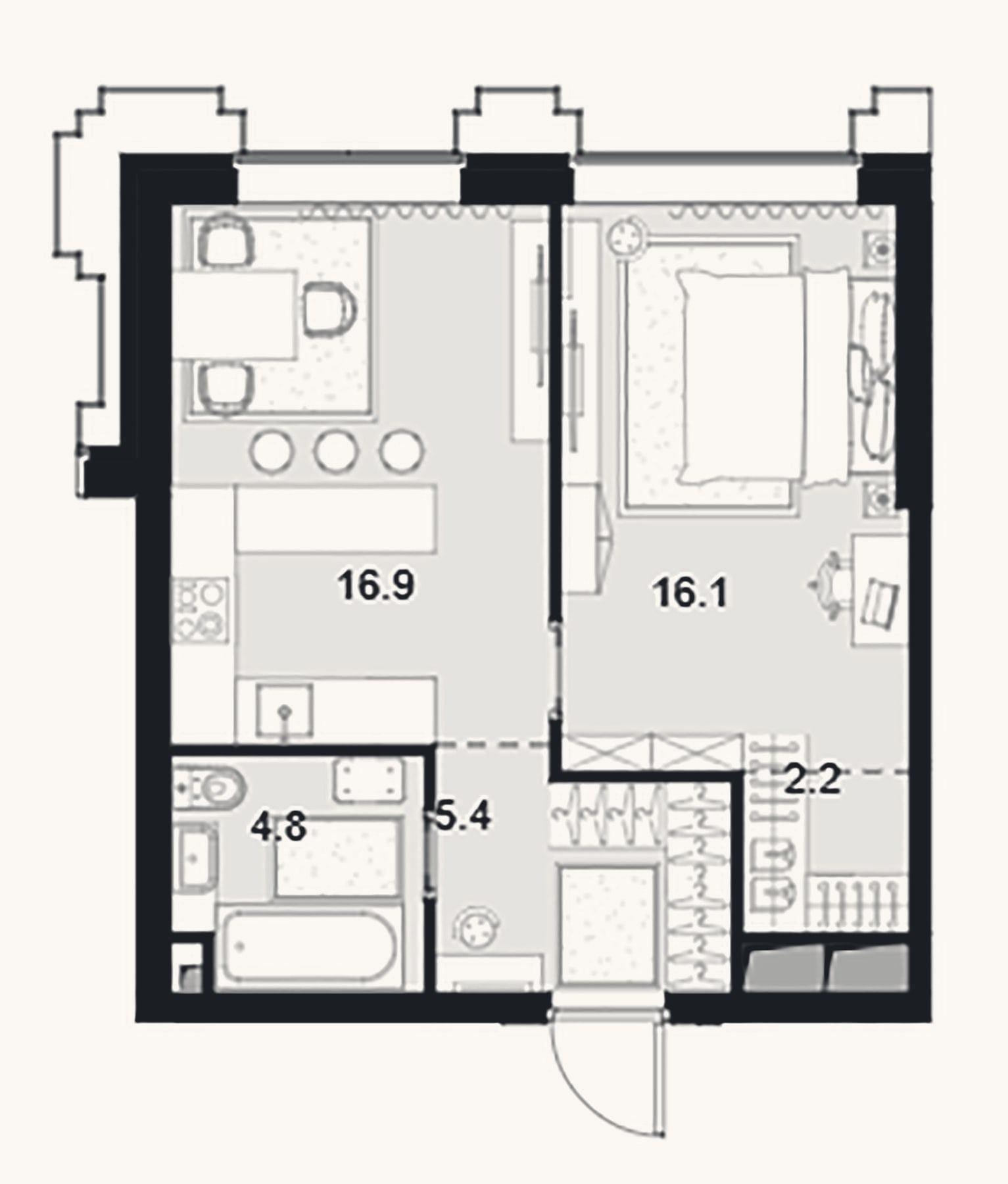Планировка: 1-к, 45,4 м²