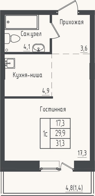 Планировка: Студия, 29,9 м²