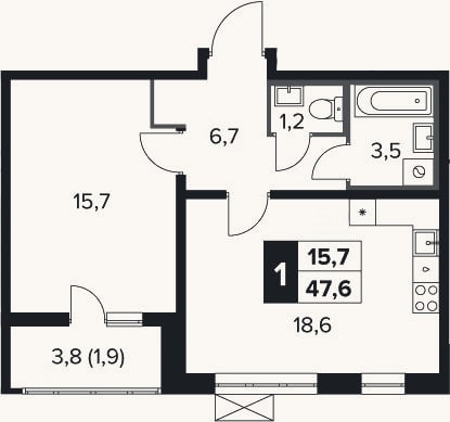 Планировка: 1-к, 45,7 м²