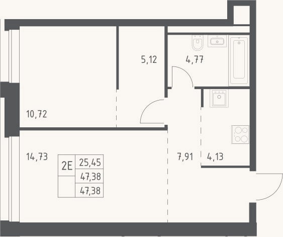 Планировка: 2-к, 47,4 м²