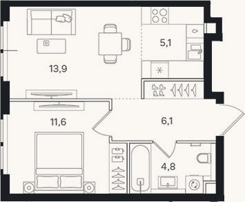 Планировка: 2-к, 41,5 м²