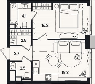 Планировка: 2-к, 46,6 м²
