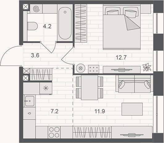 Планировка: 2-к, 39,6 м²