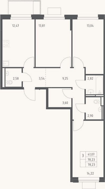 Планировка: 3-к, 78,2 м²