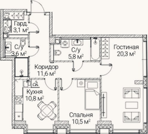 Планировка: 2-к, 65,7 м²