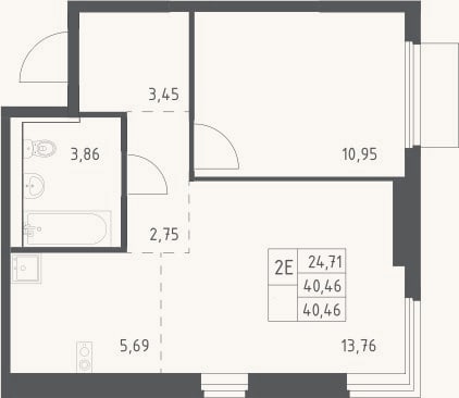 Планировка: 2-к, 40,5 м²