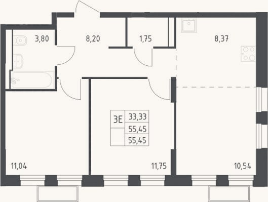 Планировка: 3-к, 55,5 м²