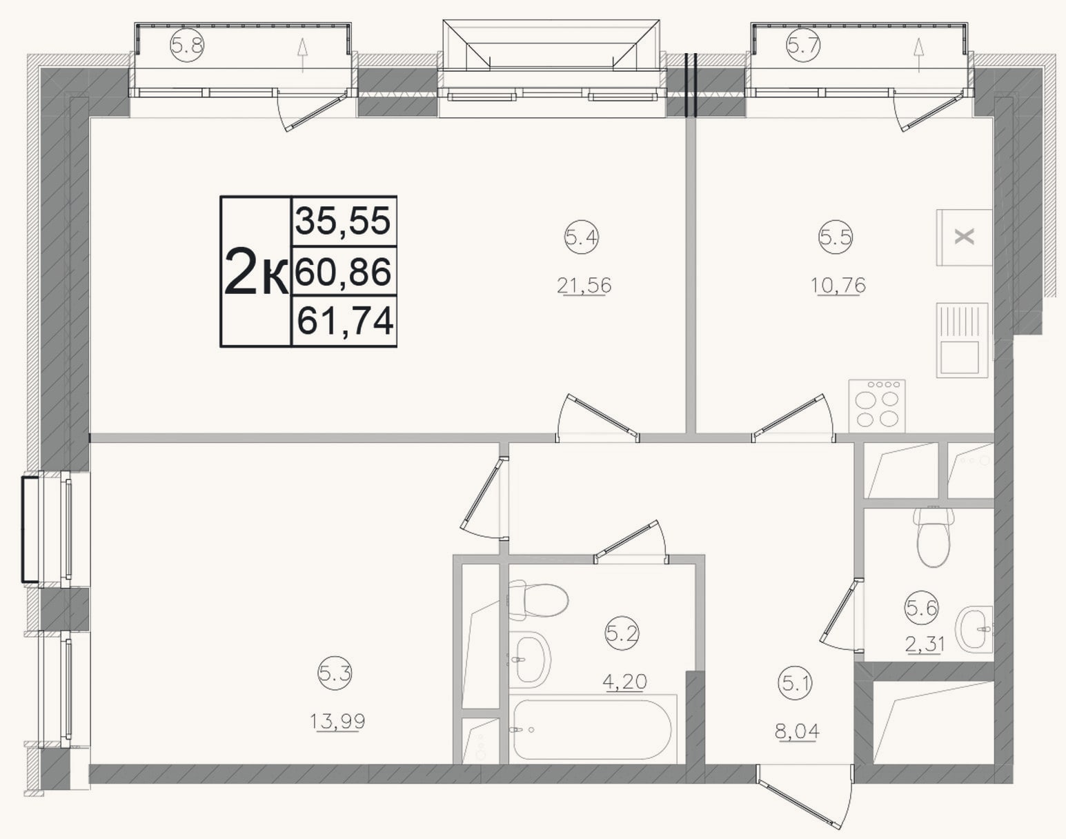 Планировка: 2-к, 60,9 м²