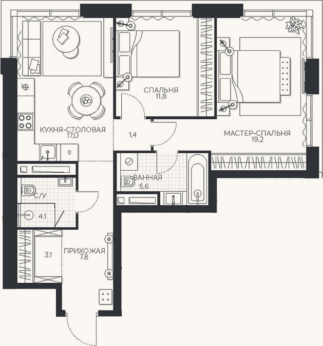Планировка: 2-к, 70 м²