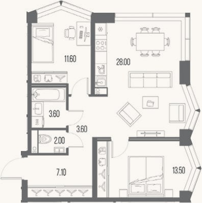 Планировка: 2-к, 69,4 м²