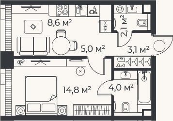 Планировка: 2-к, 37,6 м²