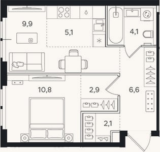 Планировка: 2-к, 41,5 м²