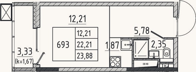 Планировка: Студия, 22,2 м²