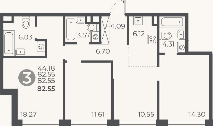 Планировка: 3-к, 82,6 м²