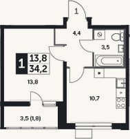 Планировка: 1-к, 32,4 м²
