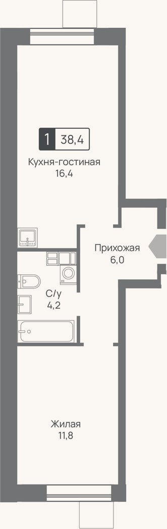 Планировка: 2-к, 38,4 м²