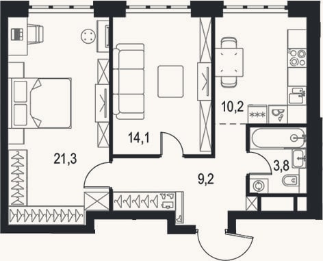 Планировка: 2-к, 58,6 м²