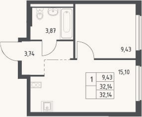 Планировка: 1-к, 32,1 м²