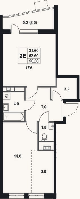 Планировка: 2-к, 53,6 м²