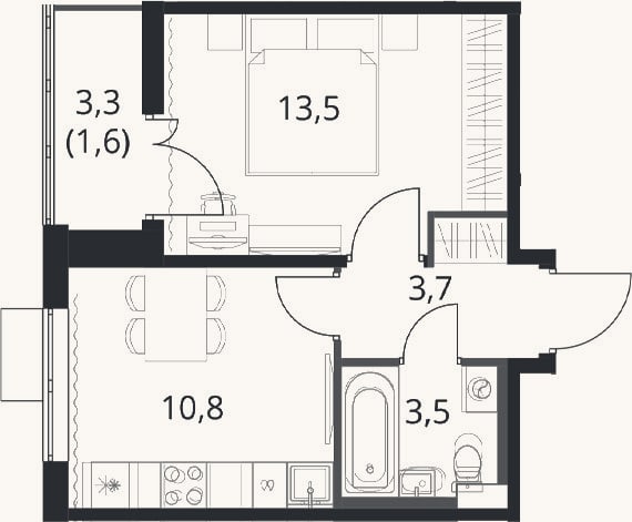 Планировка: 1-к, 31,5 м²