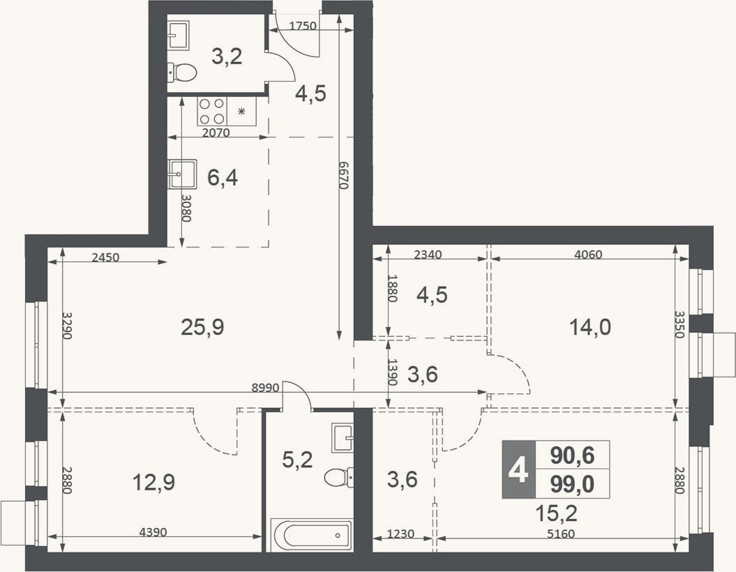 Планировка: 4+ к, 99 м²