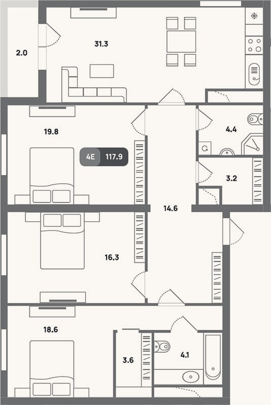 Планировка: 4+ к, 116 м²