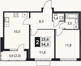 Планировка: 2-к, 52,3 м²