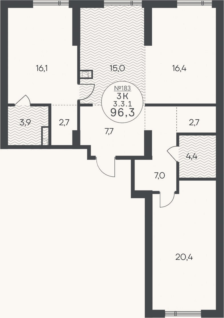 Планировка: 3-к, 96,3 м²