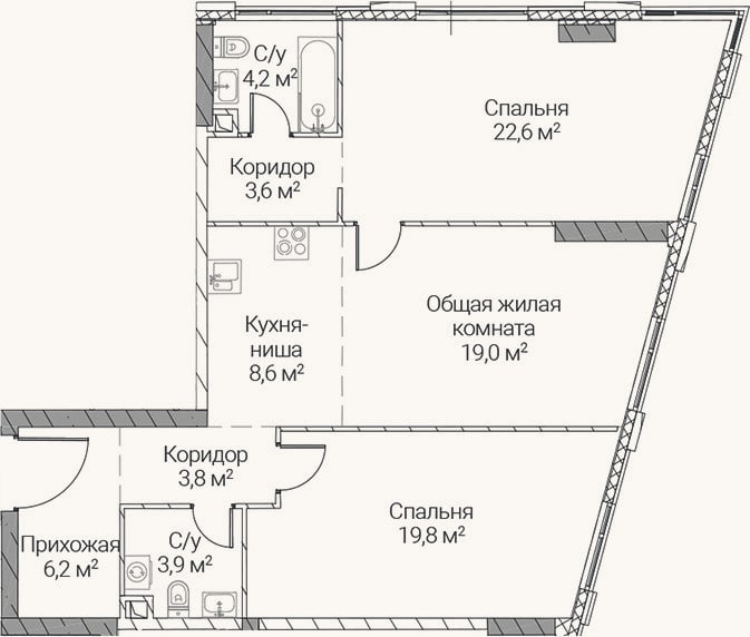 Планировка: 3-к, 91,7 м²