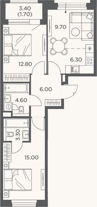 Планировка: 3-к, 57,9 м²