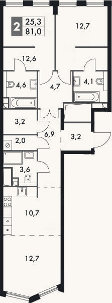 Планировка: 3-к, 81 м²