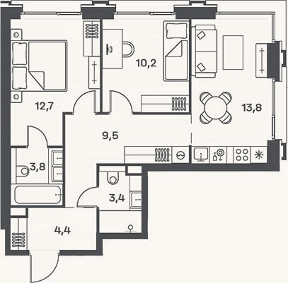 Планировка: 3-к, 57,8 м²